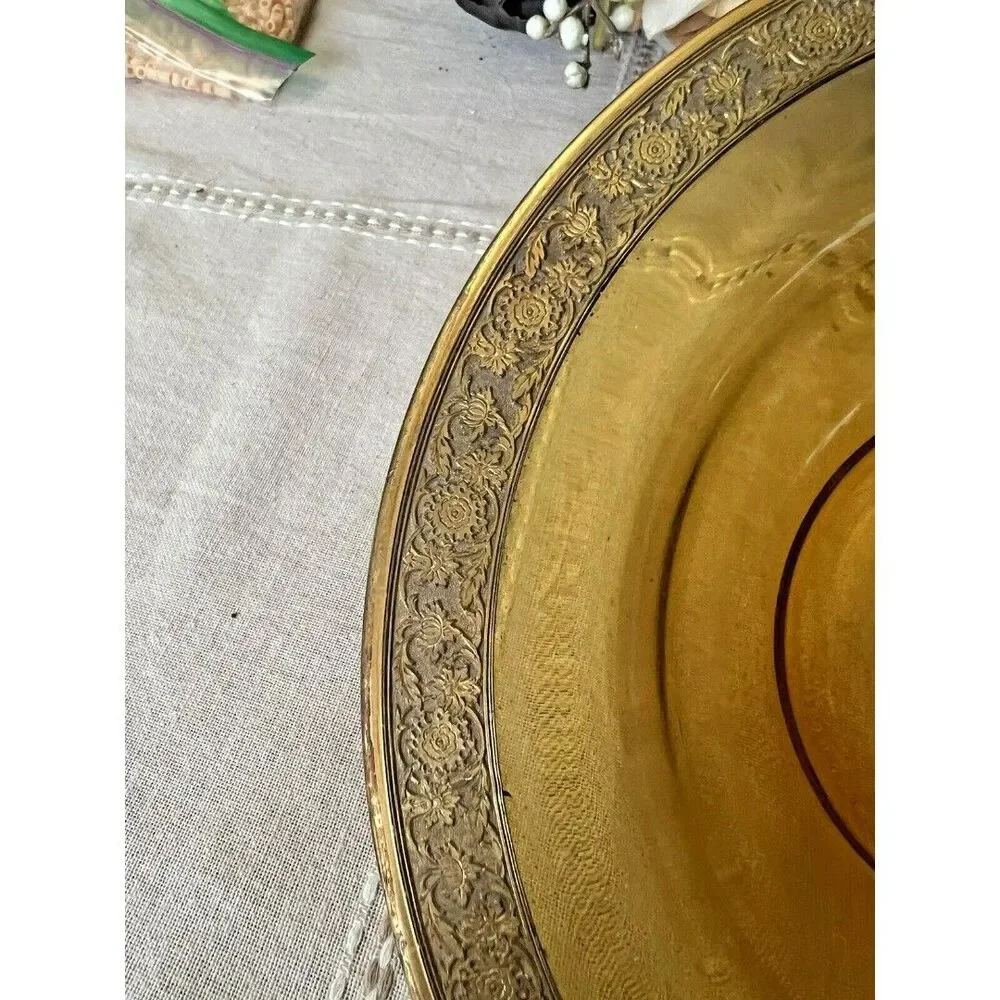 Amber Dish With Metal Etched Rim 8.5 inches vintage